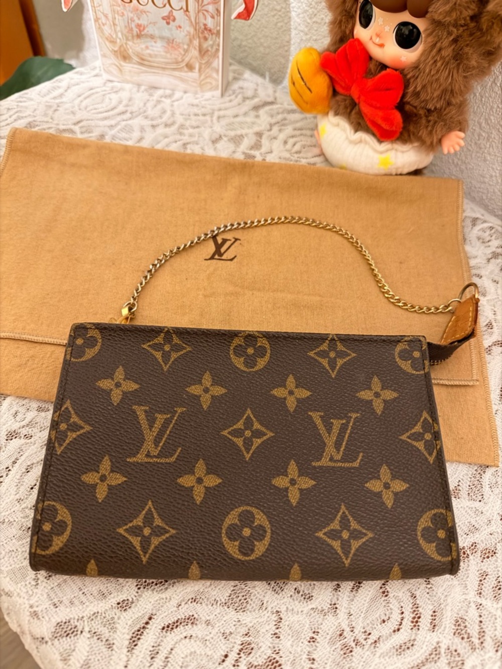 Louis Vuitton Brown Monogram Canvas Wristlet Pouch with Gold Chain - Picture 3 of 7